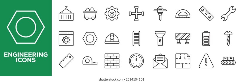 Ícone Engenharia. Conjunto de mecânica, engrenagem, chave, tecnologia, braço robô, construção, ícones de engenheiro. Ícone de vetor sólido