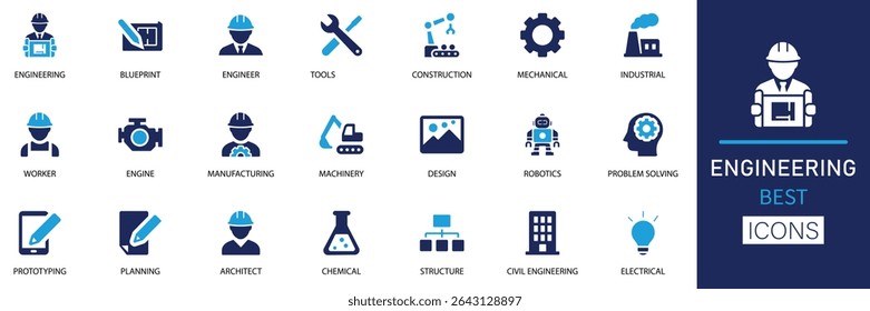 Conjunto de ícones de engenharia. Uma coleção moderna e de alta qualidade perfeita para projetos de engenharia, ilustrações técnicas, educação, infográficos, construção e design industrial.