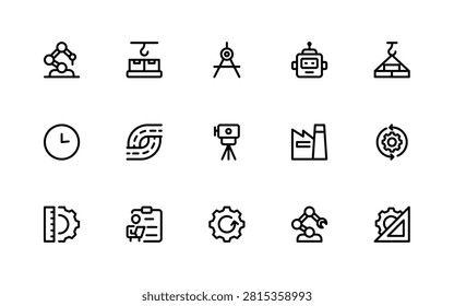 Engineering icon set. Professional or modern icons illustration presenting industrial building equipment and mathematical calculation methods.