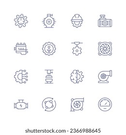 Engineering icon set. Thin line icon. Editable stroke. Containing artificial intelligence, car engine, connection, engine, engineering, hydraulic, machine learning, metabolism, power, radiator.