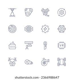 Symbolsatz für Ingenieurwesen. Dünne Linie Symbol. Bearbeitbarer Strich. Mit Drucker, Gürtel, Bremse, Automotoren, Karosserie, Kranich, Drohne, Motor, Engineering, Schlüssel, Motor, Fortschritt, Roboter, Technologie, vr.