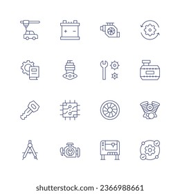 Engineering icon set. Thin line icon. Editable stroke. Containing printer, battery, book, car engine, car key, cpu, drawing compass, engine, engineering, jet engine, milling machine, process.