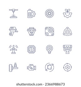 Engineering icon set. Thin line icon. Editable stroke. Containing printer, battery, boat engine, car engine, cpu, damper, engine, engineering, idea, manifold, metabolism, process, strut mounting.