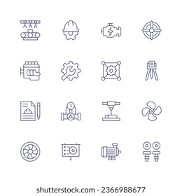 Engineering icon set. Thin line icon. Editable stroke. Containing automation, car engine, contract, engine, engineering, manifold, presentation, laser beam, motor, propeller, screw, theodolite.