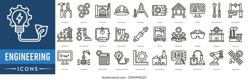 Engineering Icon set. Engineering Tools, Mechanical Gear, Blueprint Design, Construction Helmet, Drafting Compass and Circuit Board