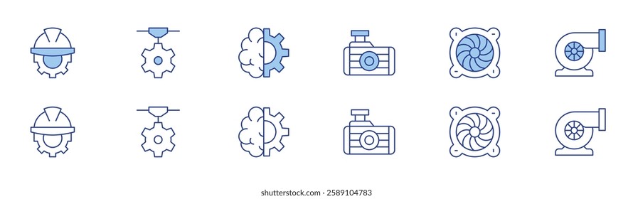 Engineering icon set in two styles, Duotone and Thin Line style. Editable stroke. engineering, machine learning, radiator, turbine, turbo.