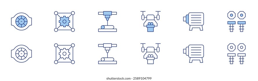 Engineering icon set in two styles, Duotone and Thin Line style. Editable stroke. drone, electric motor, engine, engineering, laser beam, screw.