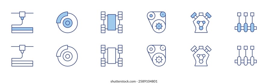 Engineering icon set in two styles, Duotone and Thin Line style. Editable stroke. d printer, belt, brake, car engine, crankshaft, robot.