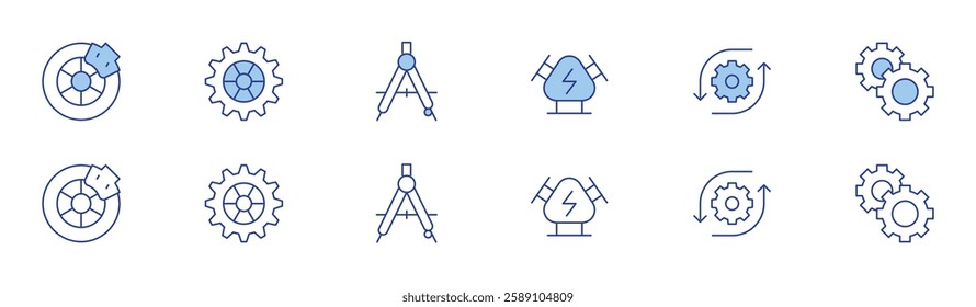 Engineering icon set in two styles, Duotone and Thin Line style. Editable stroke. brake, clutch disc, drawing compass, engine, engineering, gears.