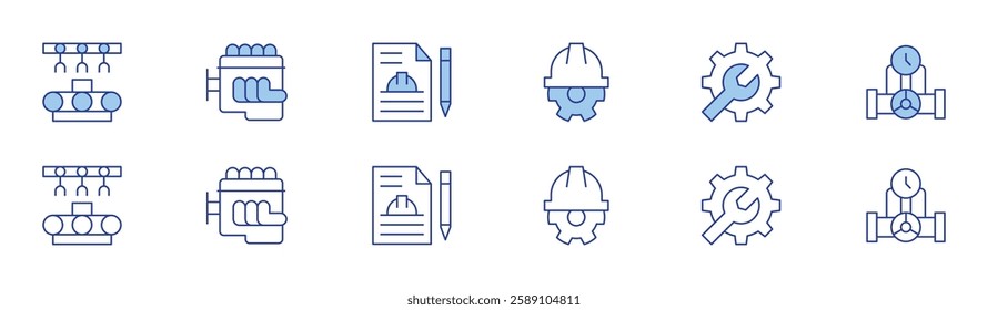 Engineering icon set in two styles, Duotone and Thin Line style. Editable stroke. automation, car engine, contract, engineering, manifold.