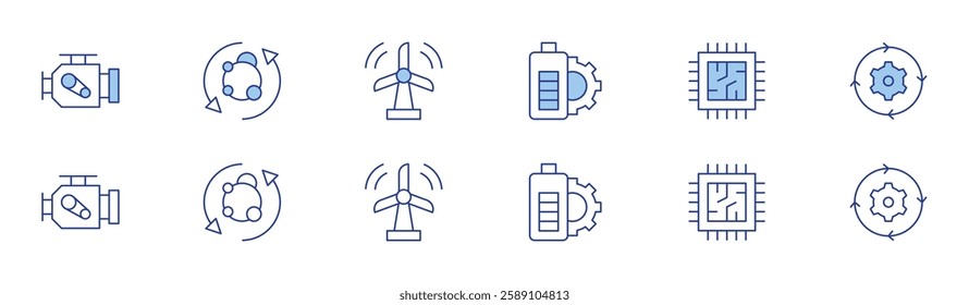 Engineering icon set in two styles, Duotone and Thin Line style. Editable stroke. battery, cpu, engine, metabolism, process, wind power.