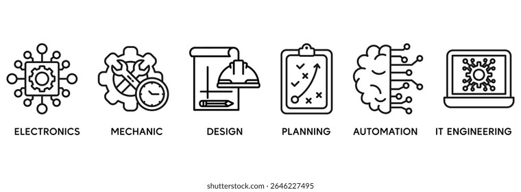 Ícone de engenharia conjunto vetor conceito de ilustração relacionam-se com eletrônica, mecânica, design, planejamento, automação e engenharia de TI