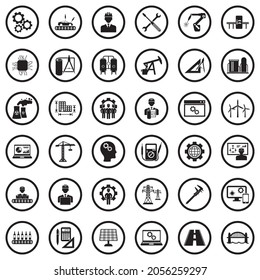 Iconos de ingeniería. Diseño Plano Negro En Círculo. Ilustración vectorial.