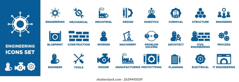 engineering icons, engineering, blueprint, engineer, tools, construction, mechanical, industrial, worker, engine, manufacturing, machinery, design, robotics. Solid icon collection. Vector illustration