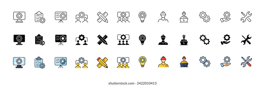 Engineering icons collection. Linear, silhouette and flat style. Vector icons
