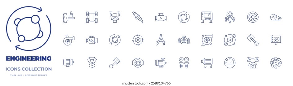 Engineering icons collection. Thin Line icons, editable stroke. damper, drawing compass, drone, electric motor, engine, manifold, medal, metabolism, milling machine, motor, piston, power, presentation