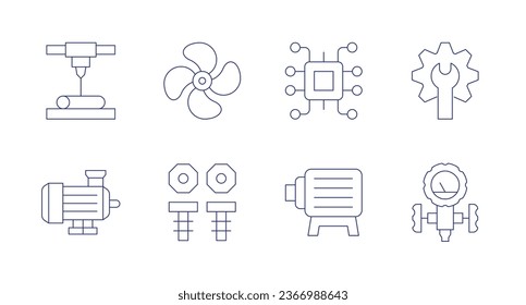 Engineering icons. Editable stroke. Containing chip, electric motor, gear, laser beam, manifold, motor, screw, turbine.