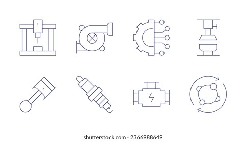 Engineering icons. Editable stroke. Containing connection, engine, hydraulic, laser cutting machine, metabolism, piston, spark plug, turbo.