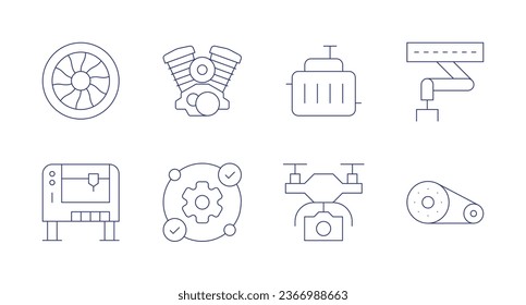 Engineering icons. Editable stroke. Containing car radiator, crane, drone, engine, jet engine, milling machine, reverse engineering, v engine.