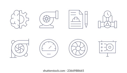 Engineering icons. Editable stroke. Containing contract, engine, machine learning, manifold, power, presentation, speedometer, turbo.