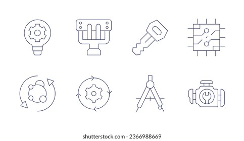 Engineering icons. Editable stroke. Containing car key, cpu, drawing compass, engine, idea, manifold, metabolism, process.