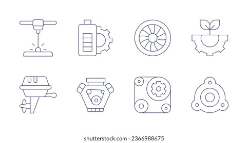 Engineering icons. Editable stroke. Containing printer, battery, boat engine, car engine, engine, engineering, strut mounting.