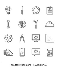 Engineering Icons. Ideas, Rulers, Calculators, Hat Icons And More. Eps10 Vector