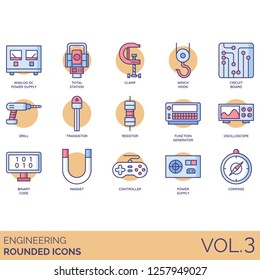 Engineering icons including analog DC power supply, station, clamp, winch hook, circuit board, drill, transistor, resistor, function generator, oscilloscope, binary code, magnet, controller, compass.