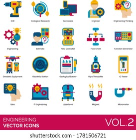 Engineering icons including ecological research, electronics, engineer thinking, function generator, geodetic equipment, station, geological survey, gyrotheodolite, IC tester, laser level, micrometer.