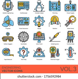 Engineering icons including mobile, oscilloscope, outside caliper, power supply, propeller, pulse generator, resistor, saw blade, solar panel, soldering gun, tacheometer, tape measure, theodolite.