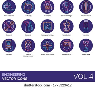 Engineering icons including tape measure, theodolite, thermal imager, thermometer, topographic map, total station, transistor, voltmeter, measurement, water well drilling, welding mask, winch hook.