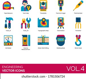 Engineering icons including tape measure, thermal imager, thermometer, tools, topographic map, total station, transistor, voltmeter, volume measurement, water well drilling, welding mask, winch hook.