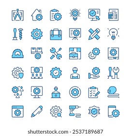 Engineering icons. Outline symbols. Vector blue line icons set