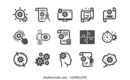Engineering icons. Puzzle, Dividers tool and Architect plan. Engineer classic icon set. Quality set. Vector