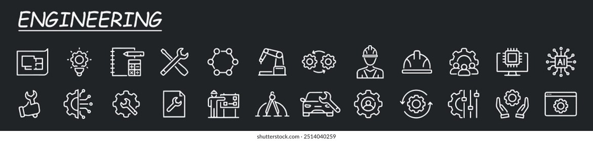 Iconos de ingeniería. Conjunto de iconos de contorno de concepto de reparación aislado en Ilustración vectorial plana de fondo blanco.