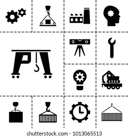 Engineering icons. set of 13 editable filled engineering icons such as gear, hook with cargo, cargo crane, cargo on hook, clock in gear, wrench, factory