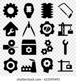 Engineering icons set. set of 16 engineering filled icons such as gear, construction crane, gear in head, factory, hacksaw, heart in gear, home repair, construction  crane