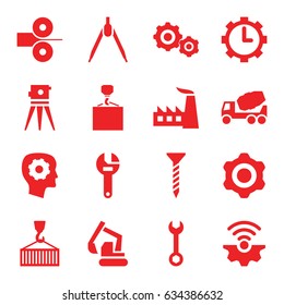 Engineering icons set. set of 16 engineering filled icons such as gear in head, factory, screw, wrench, concrete mixer, excavator, hook with cargo, theodolite, cargo on hook