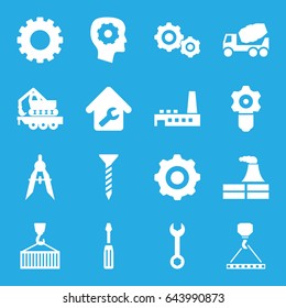 Engineering icons set. set of 16 engineering filled icons such as gear, factory, gear in head, screw, wrench, screwdriver, concrete mixer, hook with cargo, compass