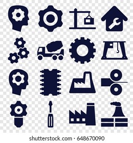 Engineering icons set. set of 16 engineering filled icons such as gear, factory, gear in head, screwdriver, concrete mixer, cargo crane, home repair, construction  crane, cpu