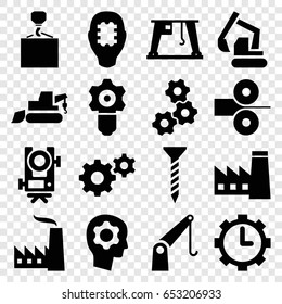 Engineering icons set. set of 16 engineering filled icons such as factory, level equipment, screw, gear, excavator, hook with cargo, cargo crane, clock in gear, paper press
