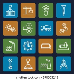 engineering icons set. Set of 16 engineering outline icons such as compass, factory, screw, wrench, concrete mixer, hook with cargo, hacksaw, cargo on hook, clock in gear