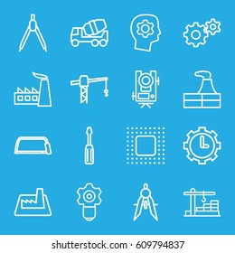 Engineering icons set. set of 16 engineering outline icons such as level equipment, factory, construction crane, gear, screwdriver, concrete mixer, hacksaw, compass