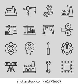 Symbolsatz für Ingenieurwesen. Satz von 16 Ingenieurskurssymbolen wie Baukrane, Fabrik-, Franz-, Schraubenzieher, Niveauregler, Frachtkrane, Ganguhr