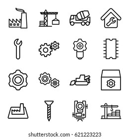 Engineering icons set. set of 16 engineering outline icons such as construction crane, level equipment, gear, screw, concrete mixer, excavator, home repair, factory