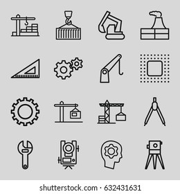Engineering icons set. set of 16 engineering outline icons such as gear, construction crane, level equipment, factory, wrench, excavator, theodolite, ruler, cargo on hook