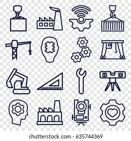Engineering icons set. set of 16 engineering outline icons such as level equipment, factory, construction crane, excavator, hook with cargo, ruler, level ruler, heart in gear
