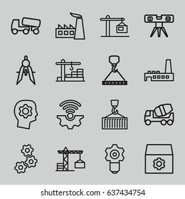 Engineering icons set. set of 16 engineering outline icons such as construction crane, factory, gear, concrete mixer, hook with cargo, level ruler, compass, cargo on hook
