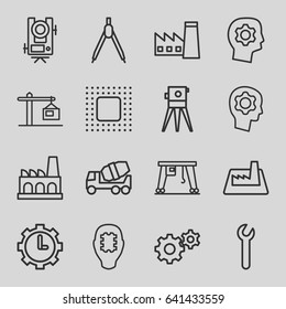 Engineering icons set. set of 16 engineering outline icons such as factory, level equipment, gear, concrete mixer, theodolite, cargo crane, clock in gear, construction  crane