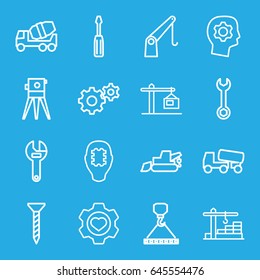 Engineering icons set. set of 16 engineering outline icons such as screw, wrench, gear, screwdriver, concrete mixer, excavator, hook with cargo, theodolite, heart in gear